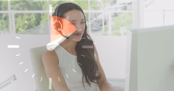 Animation Clock Caucasian Businesswoman Using Phone Headset Global Business Digital — Stock Video