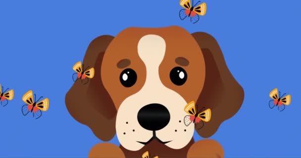 Digitální animace vícenásobného motýla plovoucího nad ikonou psí tváře na modrém pozadí. národní zvířecí měsíc povědomí koncept
