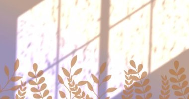Yaprakların üzerindeki bitkilerin animasyonu ve turuncu arka plandaki pencere gölgesi. gölge, desen ve renk konsepti dijital olarak oluşturulmuş video.