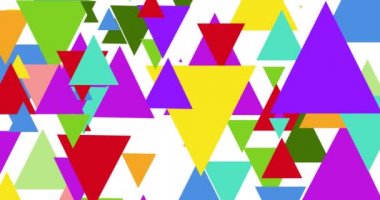 Beyaz arkaplanı kaplayan renkli üçgenlerin canlandırması. renk, model ve hareket konsepti dijital olarak oluşturulmuş video.