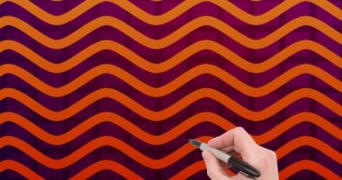 El animasyonu, kalem yazma haftası ile mor ve turuncu arka plan üzerinde dalgalarla birlikte. sanat, yaratıcılık, renkler ve sanat haftası konsepti dijital olarak oluşturulmuş video.