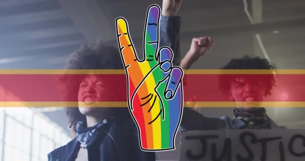 Animation Rainbow Flag Hand African American Female Male Protesters Supporting — Vídeo de Stock