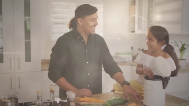 Animation Lights Happy Hispanic Father Daughter Clapping Hands Kitchen Family — Video