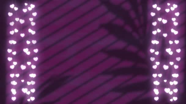 Animación Corazones Sobre Hojas Sombra Ventana Sobre Fondo Violeta Sombra — Vídeos de Stock