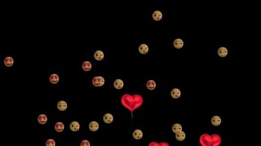 Siyah arka planda yüzen kalp ve duygu simgelerinin animasyonu. Sosyal medya ve iletişim konsepti dijital olarak oluşturulmuş video.