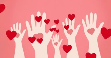 Kalplerin ve ellerin pembe arka plan üzerindeki animasyonu. Sosyal medya ve iletişim konsepti dijital olarak oluşturulmuş video.