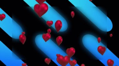 Siyah arka planda kalp ve mavi şekillerin canlandırılması. Sosyal medya ve iletişim konsepti dijital olarak oluşturulmuş video.