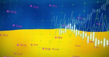 Ukrayna bayrağı üzerinde finansal grafiklerin animasyonu. Ukrayna krizi, ekonomik kriz ve dijital olarak üretilen uluslararası politika konsepti.