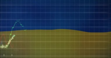 Ukrayna bayrağı üzerinde finansal grafiklerin animasyonu. Ukrayna krizi, ekonomik kriz ve dijital olarak üretilen uluslararası politika konsepti.