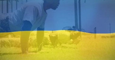 Ukrayna bayrağı üzerinde eğitim sırasında çeşitli askerlerin canlandırılması. Ukrayna krizi ve uluslararası politika kavramı dijital olarak oluşturuldu.