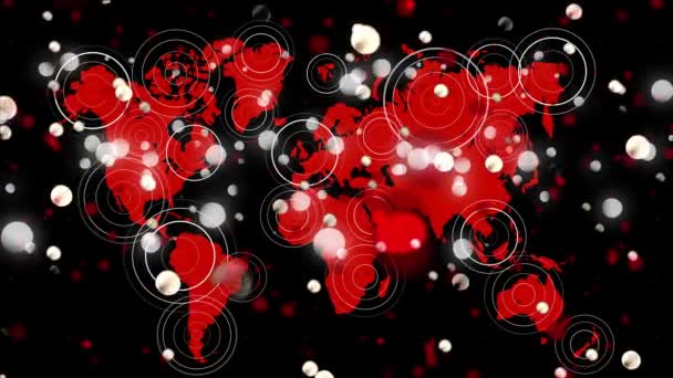 在黑色背景的红色世界地图上的白点动画 全球数据处理和数字视频技术概念 — 图库视频影像