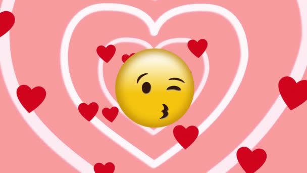 Animation Kiss Emoticon Red Hearts Floating White Hearts Pink Background — Stock Video