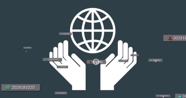 Animacja Dłoni Globu Reakcji Mediów Społecznościowych Szarym Tle Media Społecznościowe — Wideo stockowe