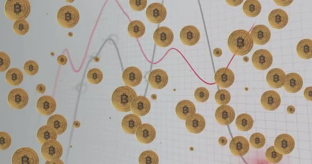 Κινούμενα Σχέδια Των Bitcoins Πάνω Από Γράφημα Γκρι Φόντο Home — Αρχείο Βίντεο