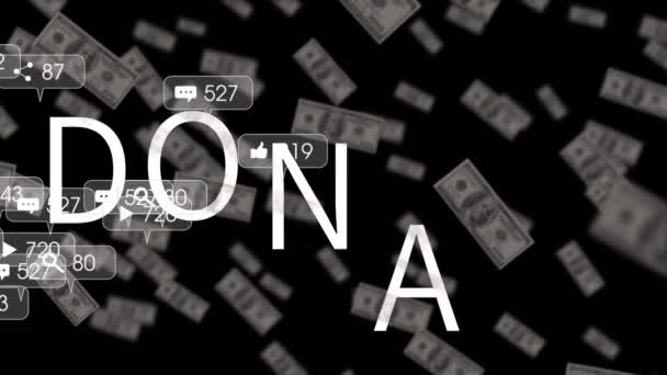 Animatie Van Dollars Doneren Social Media Reacties Zwarte Achtergrond Liefdadigheid — Stockvideo