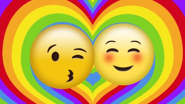 在彩虹的心脏上亲吻的情感动画背景 恋爱关系和情人节的概念数码视频 — 图库视频影像