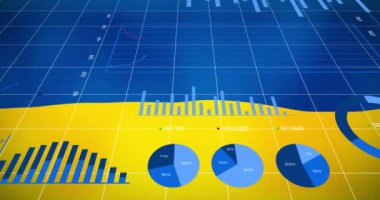 Ukrayna bayrağı üzerindeki grafiklerin animasyonu. Ukrayna krizi, ekonomik kriz ve dijital olarak üretilen uluslararası politika konsepti.