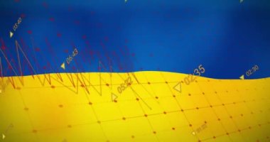 Ukrayna bayrağı üzerinde finansal grafiklerin animasyonu. Ukrayna krizi, ekonomik kriz ve dijital olarak üretilen uluslararası politika konsepti.