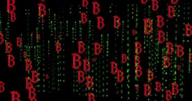 Siyah arkaplanda yeşil harflerle bitcoin sembollerinin animasyonu. ekonomi, finans, dijital para birimi ve teknoloji konsepti dijital olarak oluşturulmuş video.