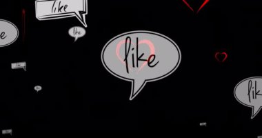 Kalplerin canlandırılması ve siyah arkaplan üzerindeki tepkiler gibi. Sosyal medya ve iletişim konsepti dijital olarak oluşturulmuş video.