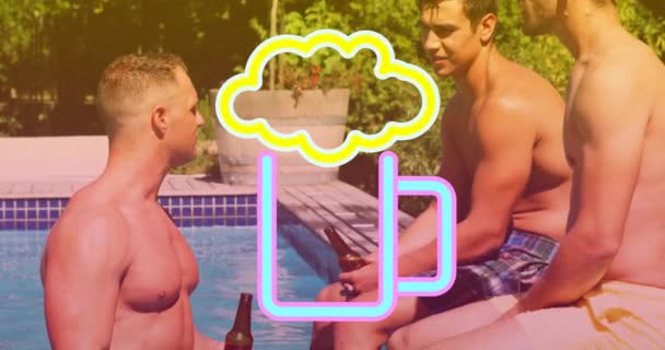 プールで話している白人男性の友人以上のビールグラスのアニメーション ビールを飲みデジタルで生成されたビデオを社交的でリラックスさせ — ストック動画