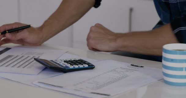 Animação Estrelas Sobre Mãos Homem Biracial Usando Calculadora Conceito Finanças — Vídeo de Stock