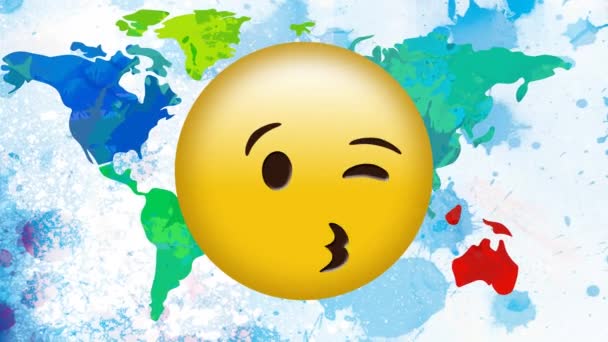 Animación Beso Emoticono Sobre Mapa Del Mundo Sobre Fondo Blanco — Vídeos de Stock