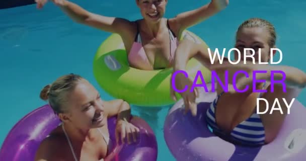 Animation World Cancer Day Happy Diverse Women Swimming Pool Cancer – Stock-video