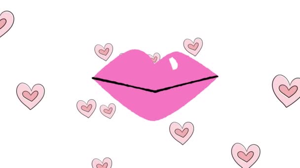 Animation Lips Hearts Floating White Background Love Romantic Relationship Valentines — Stock Video