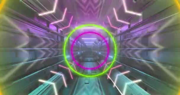 Animatie Van Neoncirkels Bewegende Tunnel Kleur Vorm Bewegingsconcept Digitaal Gegenereerde — Stockvideo