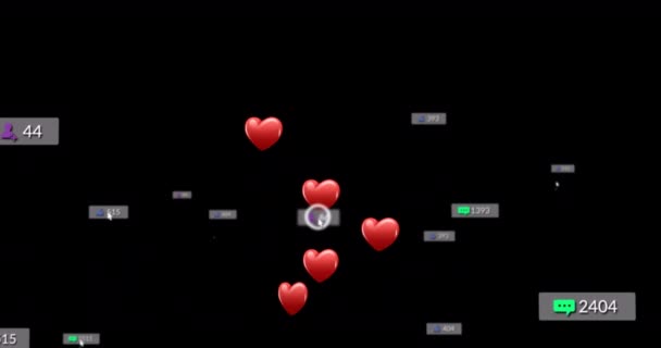 Animación Corazones Reacciones Redes Sociales Sobre Fondo Negro Concepto Redes — Vídeo de stock