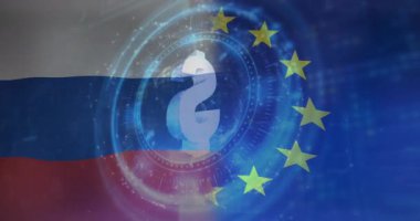 Dünya ve Rus matarası üzerinde dolar sembolü olan dijital arayüzün animasyonu. Ukrayna krizi, güncel ilişkiler, politika ve küresel ekonomi konsepti dijital olarak oluşturulmuş video.