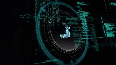 Veri işleme animasyonu ve siyah arkaplan üzerinde uah metin. küresel iş, finans, bağlantılar ve dijital arayüz konsepti dijital olarak oluşturulmuş video.