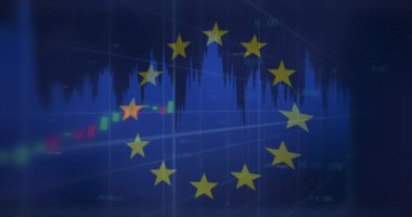 eu bayrağı üzerinde veri işleme animasyonu. küresel iş, finans, bağlantılar ve dijital arayüz konsepti dijital olarak oluşturulmuş video.