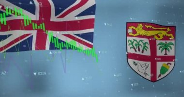 Fiji bayrağı üzerinde veri işleme animasyonu. küresel iş, finans, bağlantılar ve dijital arayüz konsepti dijital olarak oluşturulmuş video.