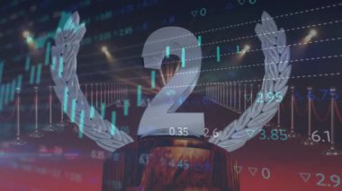 İki numara ve kırmızı halının üzerindeki veri işleme animasyonu. küresel iş, finans, bağlantılar ve dijital arayüz konsepti dijital olarak oluşturulmuş video.