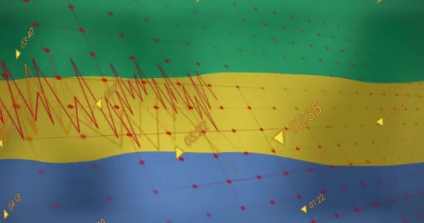 Анимация Обработки Данных Над Флагом Габона Глобальный Бизнес Финансы Связи — стоковое видео