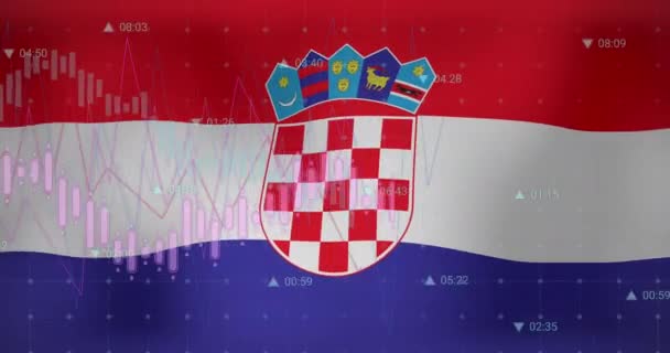 Анімація Обробки Даних Над Прапором Хорватії Глобальний Бізнес Фінанси Язки — стокове відео