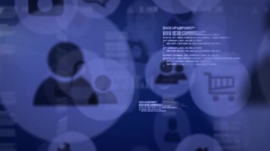 Mavi arkaplan üzerinde veri işleme ve ortam simgelerinin canlandırılması. küresel iş, finans, bağlantılar ve dijital arayüz konsepti dijital olarak oluşturulmuş video.