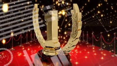 Bir numaralı ve kırmızı halının üzerindeki veri işleme animasyonu. küresel iş, finans, bağlantılar ve dijital arayüz konsepti dijital olarak oluşturulmuş video.