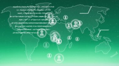 Dünya haritasında yeşil zemin üzerinde veri işleme animasyonu. küresel iş, finans, bağlantılar ve dijital arayüz konsepti dijital olarak oluşturulmuş video.