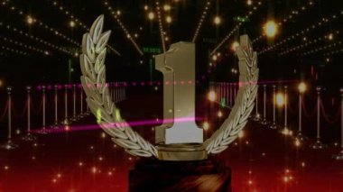 Bir numaralı ve kırmızı halının üzerindeki veri işleme animasyonu. küresel iş, finans, bağlantılar ve dijital arayüz konsepti dijital olarak oluşturulmuş video.