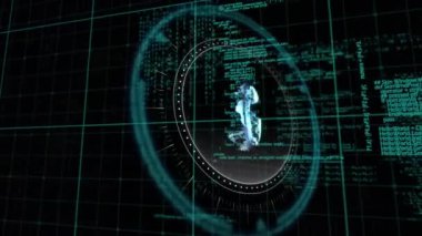 Veri işleme animasyonu ve siyah arkaplan üzerinde 5g metin. küresel iş, finans, bağlantılar ve dijital arayüz konsepti dijital olarak oluşturulmuş video.