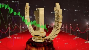 Bir numaralı ve kırmızı halının üzerindeki veri işleme animasyonu. küresel iş, finans, bağlantılar ve dijital arayüz konsepti dijital olarak oluşturulmuş video.