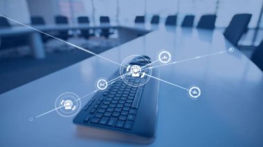 Ofis üzerinde veri işleme ve simgelerin canlandırılması. küresel iş, finans, bağlantılar ve dijital arayüz konsepti dijital olarak oluşturulmuş video.