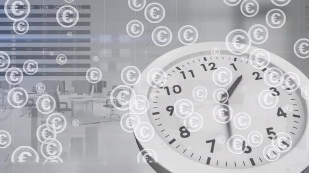 Animation Clock Data Processing Euro Symbols Global Business Finances Connections — стоковое видео