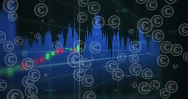 Animación Del Procesamiento Datos Sobre Símbolos Euros Negocios Globales Finanzas — Vídeo de stock