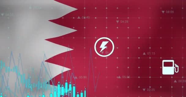 Animace Zpracování Dat Přes Příznak Bahrain Globální Obchod Finance Připojení — Stock video