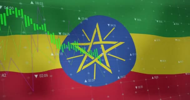 Animace Zpracování Dat Nad Vlajkou Etiopie Globální Obchod Finance Připojení — Stock video