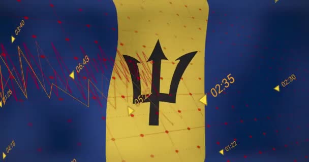 Анімація Обробки Даних Над Прапором Барбадосу Глобальний Бізнес Фінанси Язки — стокове відео